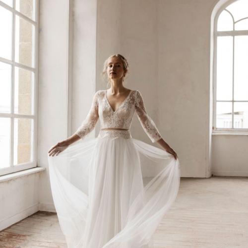 Robe de mariée style Bohème dentelle manche longue tulle - Marie Et Vous