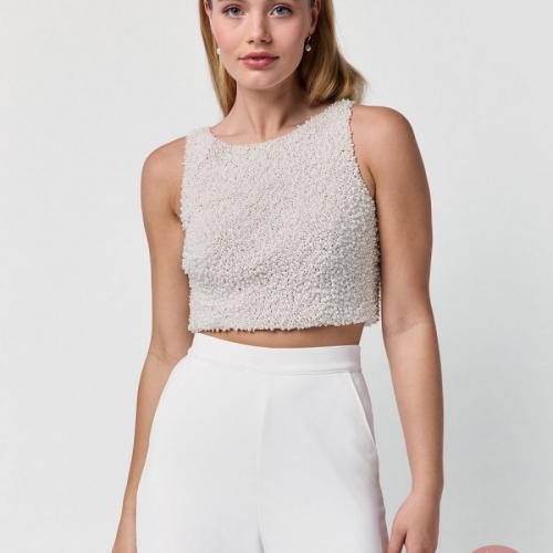 Robe de mariée style Civil atypique combinaison pantalon perles veste blouse - Marie Et Vous